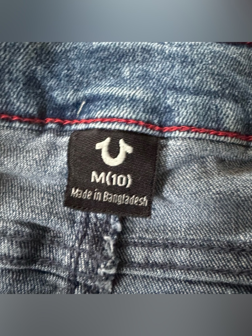 True Religion Blue Denim Jean Shorts Horseshoe Pocket Red TR logo appliqué M 10 - Picture 8 of 11